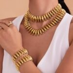 Stainless steel chunky spiked link necklace and matching spiked bracelet set in polished gold and silver finishes.