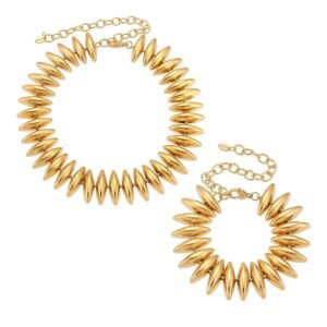 Stainless steel chunky spiked link necklace and matching spiked bracelet set in polished gold and silver finishes.