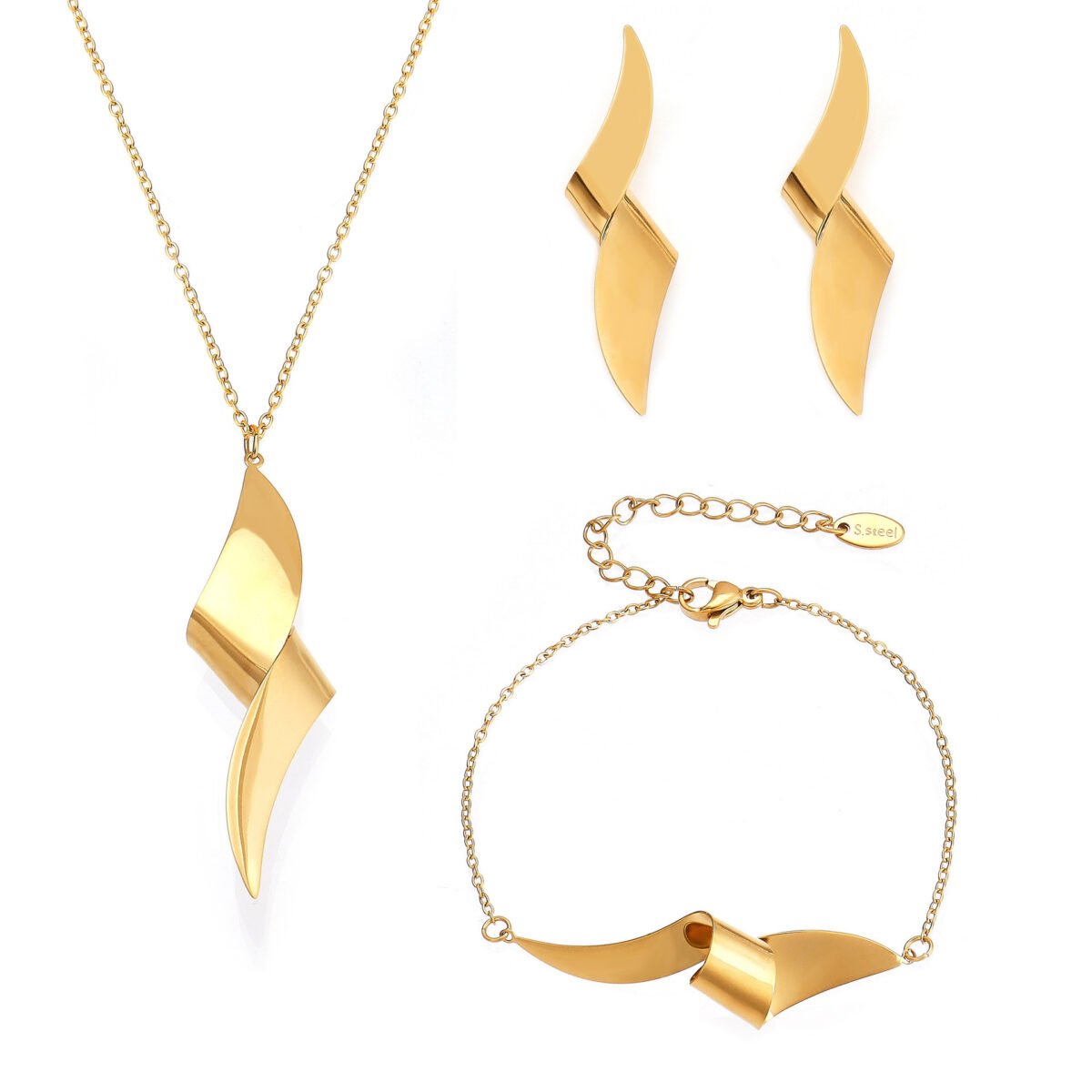Stainless steel abstract twisted ribbon geometric pendant necklace, chain bracelet, and drop earrings set.