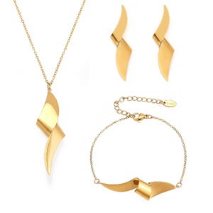 Stainless steel abstract twisted ribbon geometric pendant necklace, chain bracelet, and drop earrings set.