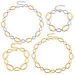 Gold silver and two tone stainless steel graduated oval link necklace bracelet jewelry set on model
