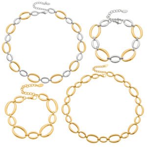 Gold silver and two tone stainless steel graduated oval link necklace bracelet jewelry set on model