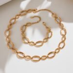 Gold silver and two tone stainless steel graduated oval link necklace bracelet jewelry set on model