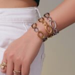 Gold silver and two tone stainless steel graduated oval link necklace bracelet jewelry set on model