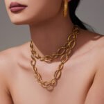 Gold silver and two tone stainless steel graduated oval link necklace bracelet jewelry set on model