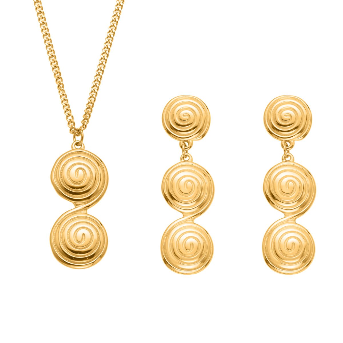 18K gold plated textured spiral swirl pendant necklace and drop earrings set model preview