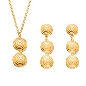 18K gold plated textured spiral swirl pendant necklace and drop earrings set model preview