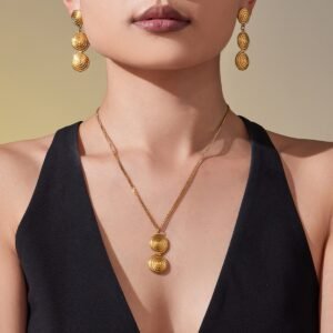 18K gold plated textured spiral swirl pendant necklace and drop earrings set model preview