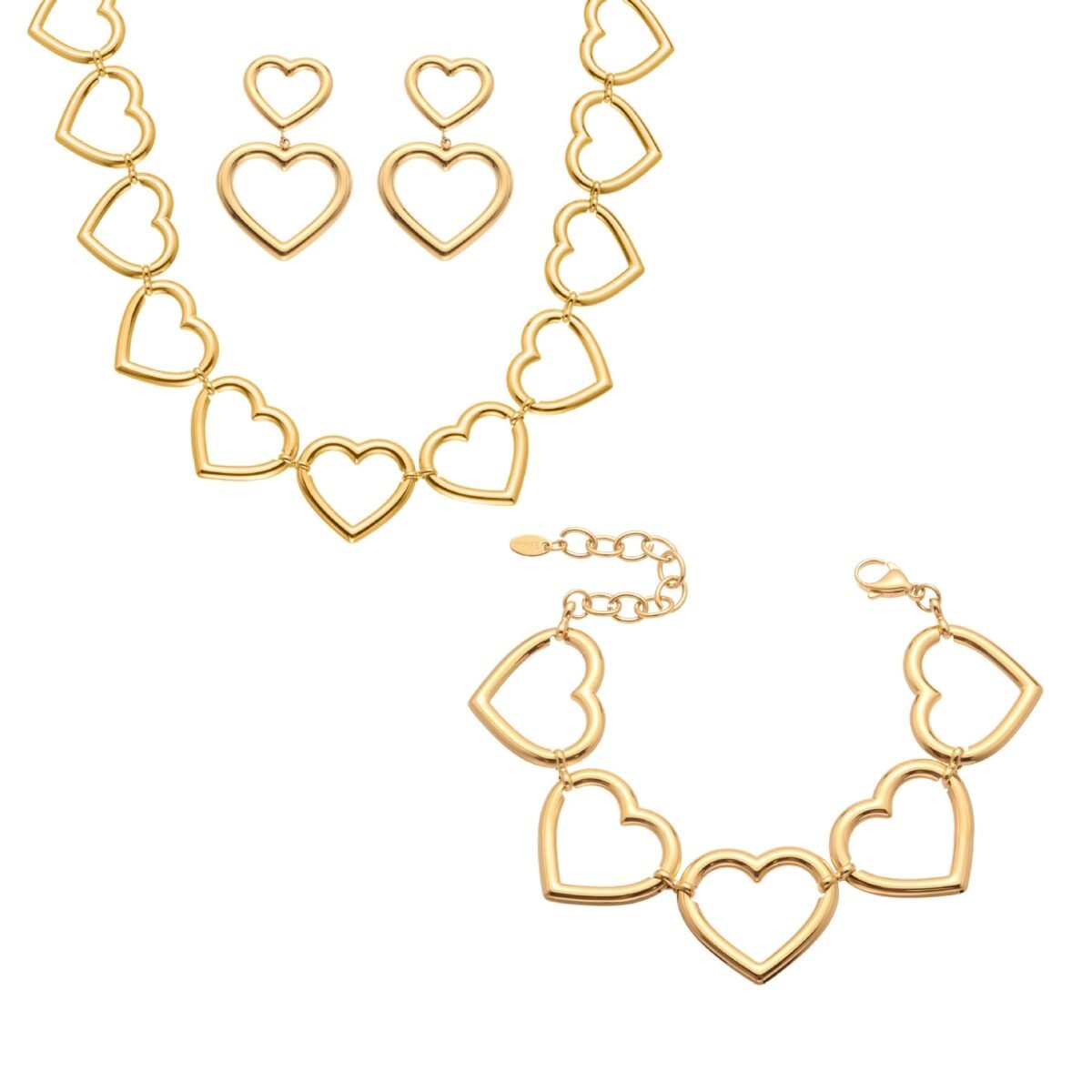 Gold and silver geometric hollow heart chain necklace bracelet and drop earrings set model preview