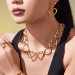Gold and silver geometric hollow heart chain necklace bracelet and drop earrings set model preview