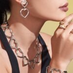 Gold and silver geometric hollow heart chain necklace bracelet and drop earrings set model preview