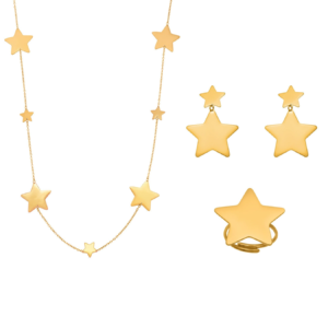 Stainless steel gold star jewelry set featuring long station sweater necklace, drop earrings, and star statement ring.