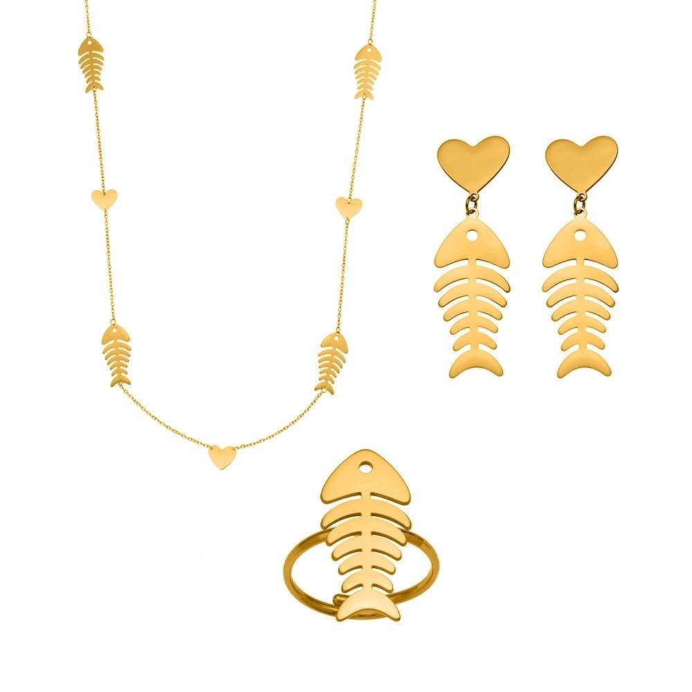 Stainless steel gold fishbone and heart jewelry set featuring long station sweater necklace, drop earrings, and fishbone statement ring.