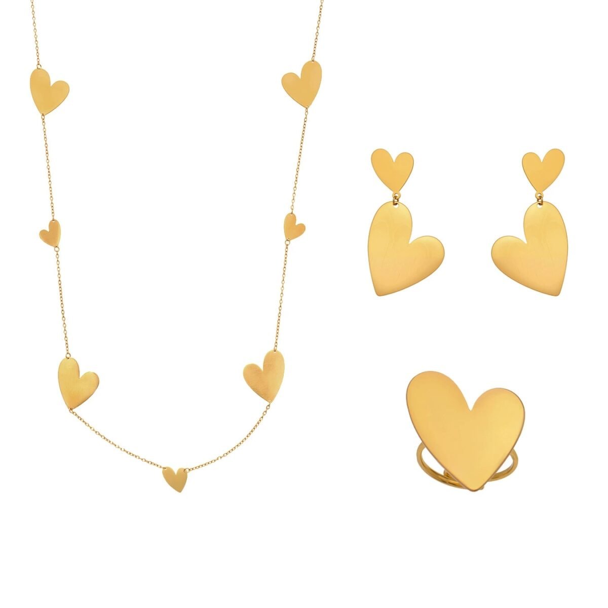 Stainless steel gold heart jewelry set featuring a long station sweater necklace, double heart drop earrings, and a large heart statement ring.