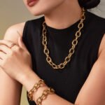 Stainless steel heavy chunky oval link chain necklace and matching bracelet set available in solid gold plating and two-tone silver gold finish.