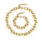Stainless steel heavy chunky oval link chain necklace and matching bracelet set available in solid gold plating and two-tone silver gold finish.