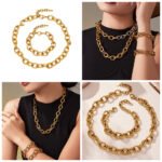 Stainless steel heavy chunky oval link chain necklace and matching bracelet set available in solid gold plating and two-tone silver gold finish.