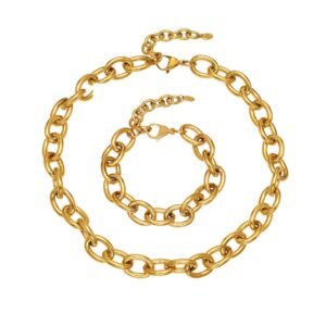 Stainless steel heavy chunky oval link chain necklace and matching bracelet set available in solid gold plating and two-tone silver gold finish.