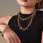 Stainless steel heavy chunky oval link chain necklace and matching bracelet set available in solid gold plating and two-tone silver gold finish.