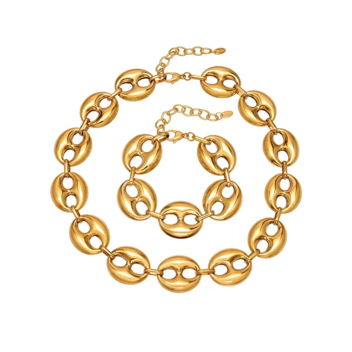 Stainless steel chunky coffee bean link chain necklace and matching bracelet set in gold, silver, and two-tone finishes.