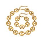 Stainless steel chunky coffee bean link chain necklace and matching bracelet set in gold, silver, and two-tone finishes.