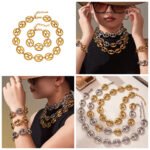 Stainless steel chunky coffee bean link chain necklace and matching bracelet set in gold, silver, and two-tone finishes.