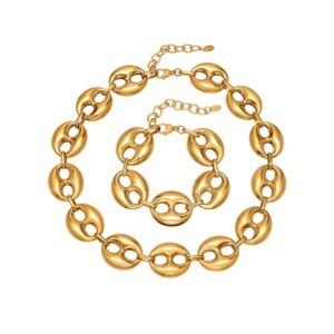 Stainless steel chunky coffee bean link chain necklace and matching bracelet set in gold, silver, and two-tone finishes.