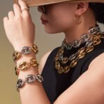 Stainless steel chunky coffee bean link chain necklace and matching bracelet set in gold, silver, and two-tone finishes.