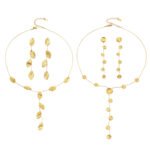 Gold plated hammered leaf and round disc lariat Y necklace and drop earrings in 316L stainless steel