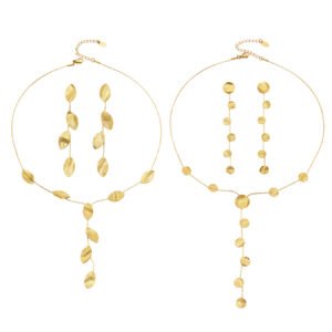 Gold plated hammered leaf and round disc lariat Y necklace and drop earrings in 316L stainless steel