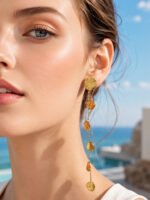 Gold plated hammered leaf and round disc lariat Y necklace and drop earrings in 316L stainless steel
