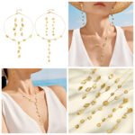 Gold plated hammered leaf and round disc lariat Y necklace and drop earrings in 316L stainless steel