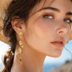 Gold plated hammered leaf and round disc lariat Y necklace and drop earrings in 316L stainless steel