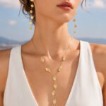 Gold plated hammered leaf and round disc lariat Y necklace and drop earrings in 316L stainless steel