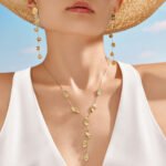 Gold plated hammered leaf and round disc lariat Y necklace and drop earrings in 316L stainless steel