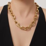 Bold oversized oval cable link chain necklace and matching bracelet jewelry set in 18K gold plated and polished silver stainless steel finishes.