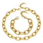 Bold oversized oval cable link chain necklace and matching bracelet jewelry set in 18K gold plated and polished silver stainless steel finishes.