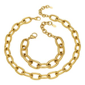 Bold oversized oval cable link chain necklace and matching bracelet jewelry set in 18K gold plated and polished silver stainless steel finishes.