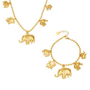 18K gold plated stainless steel elephant charm necklace and bracelet set featuring a prominent central elephant pendant and smaller charm accents on a beaded ball chain.