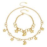 Stainless steel celestial star and cubic zirconia crescent moon charm necklace and matching charm bracelet set in gold and two-tone finishes.