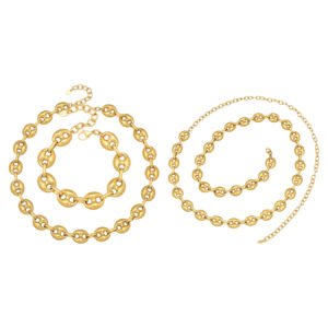Stainless steel mariner link chain necklace and bracelet jewelry set in 18K gold, silver, and two-tone finishes.