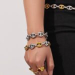 Stainless steel mariner link chain necklace and bracelet jewelry set in 18K gold, silver, and two-tone finishes.