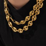 Stainless steel mariner link chain necklace and bracelet jewelry set in 18K gold, silver, and two-tone finishes.