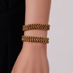316L stainless steel woven mesh link chain choker necklace and matching bracelet jewelry set in 18K gold and silver finishes.