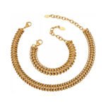 316L stainless steel woven mesh link chain choker necklace and matching bracelet jewelry set in 18K gold and silver finishes.