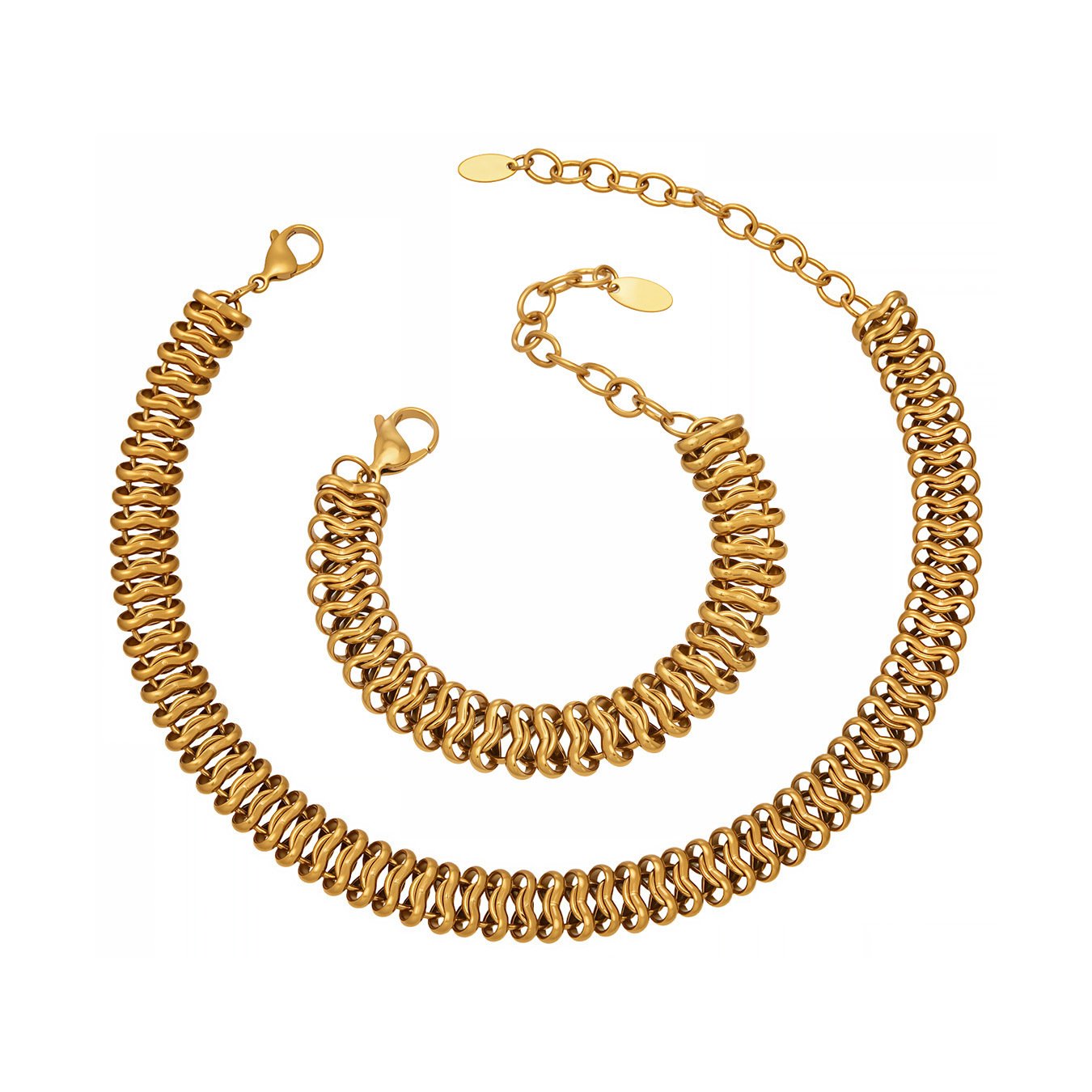TXP565-TXE565 (5) 316L stainless steel woven mesh link chain choker necklace and matching bracelet jewelry set in 18K gold and silver finishes.