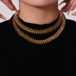 316L stainless steel woven mesh link chain choker necklace and matching bracelet jewelry set in 18K gold and silver finishes.