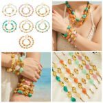 Chunky irregular resin nugget and gold plated molten metallic beaded necklace and bracelet set