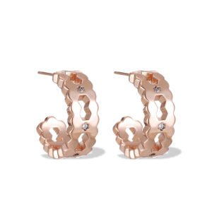 Rose gold cutout hoop earrings featuring scalloped edges, hexagonal cutout pattern, AAA cubic zirconia accents, and 925 sterling silver posts.
