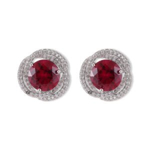 Round ruby stud earrings wholesale featuring a vibrant red central CZ stone wrapped in a swirling pavé cubic zirconia halo with S925 sterling silver posts from junejewelry.com